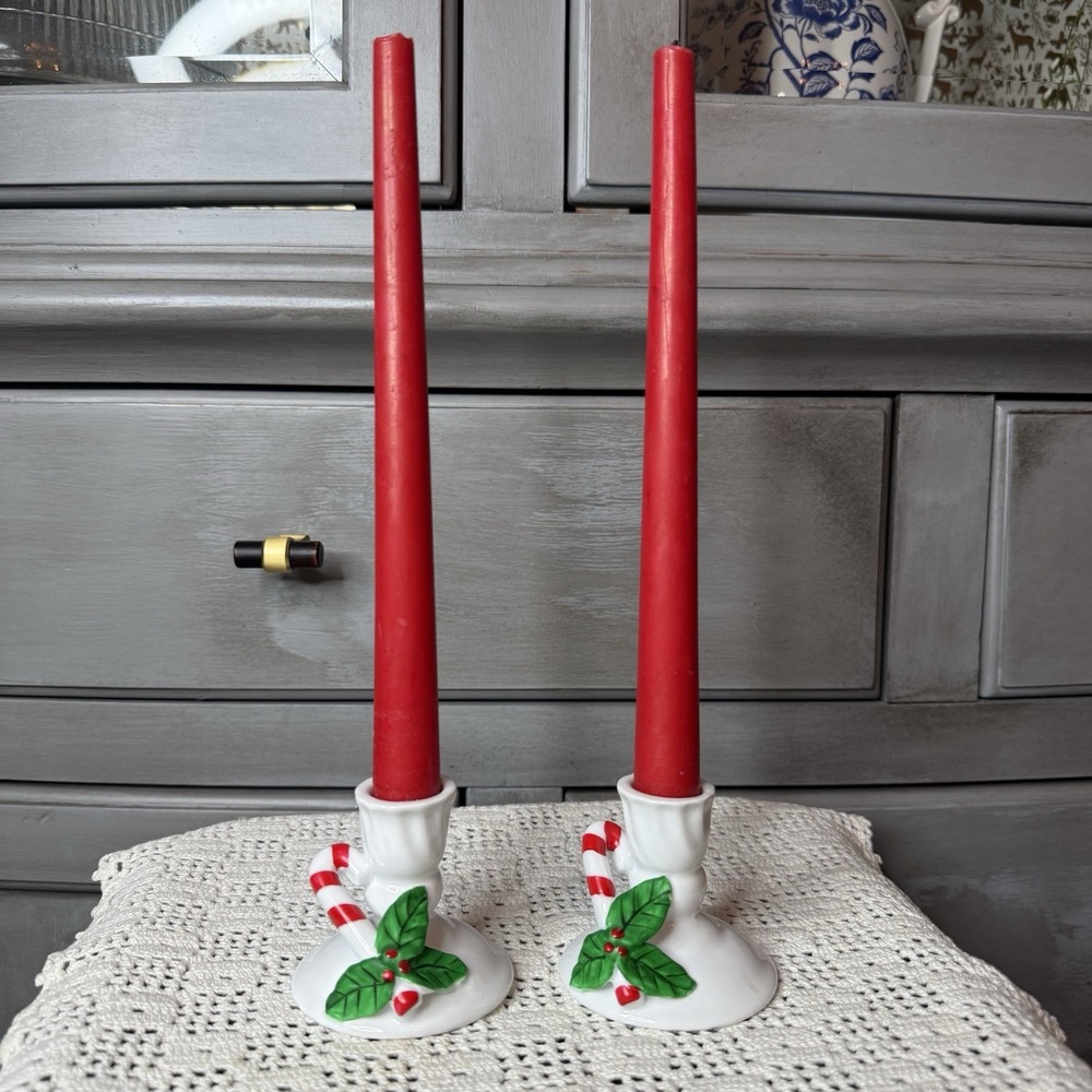 Publix Vintage Christmas Candy Cane Hand Painted Ceramic Candle Holders w/ Box